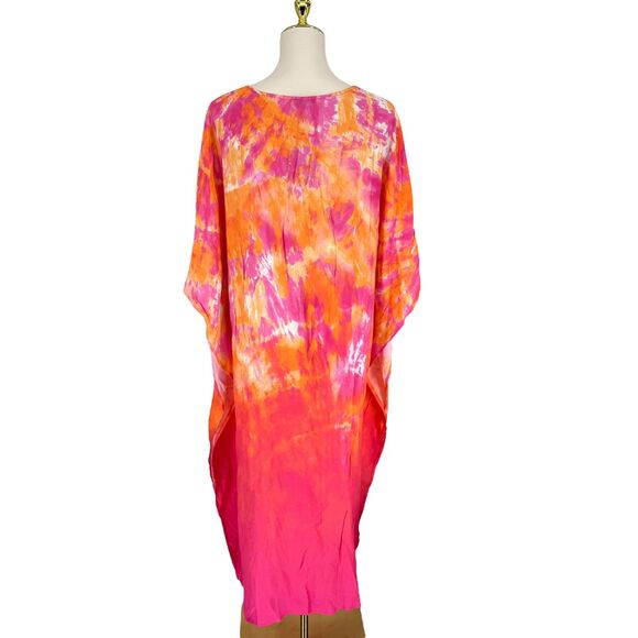 Tommy Bahama Tidal Tie Dye V-Neck Long Caftan L XL Pink Cover Up Tassel Beach - Picture 12 of 14